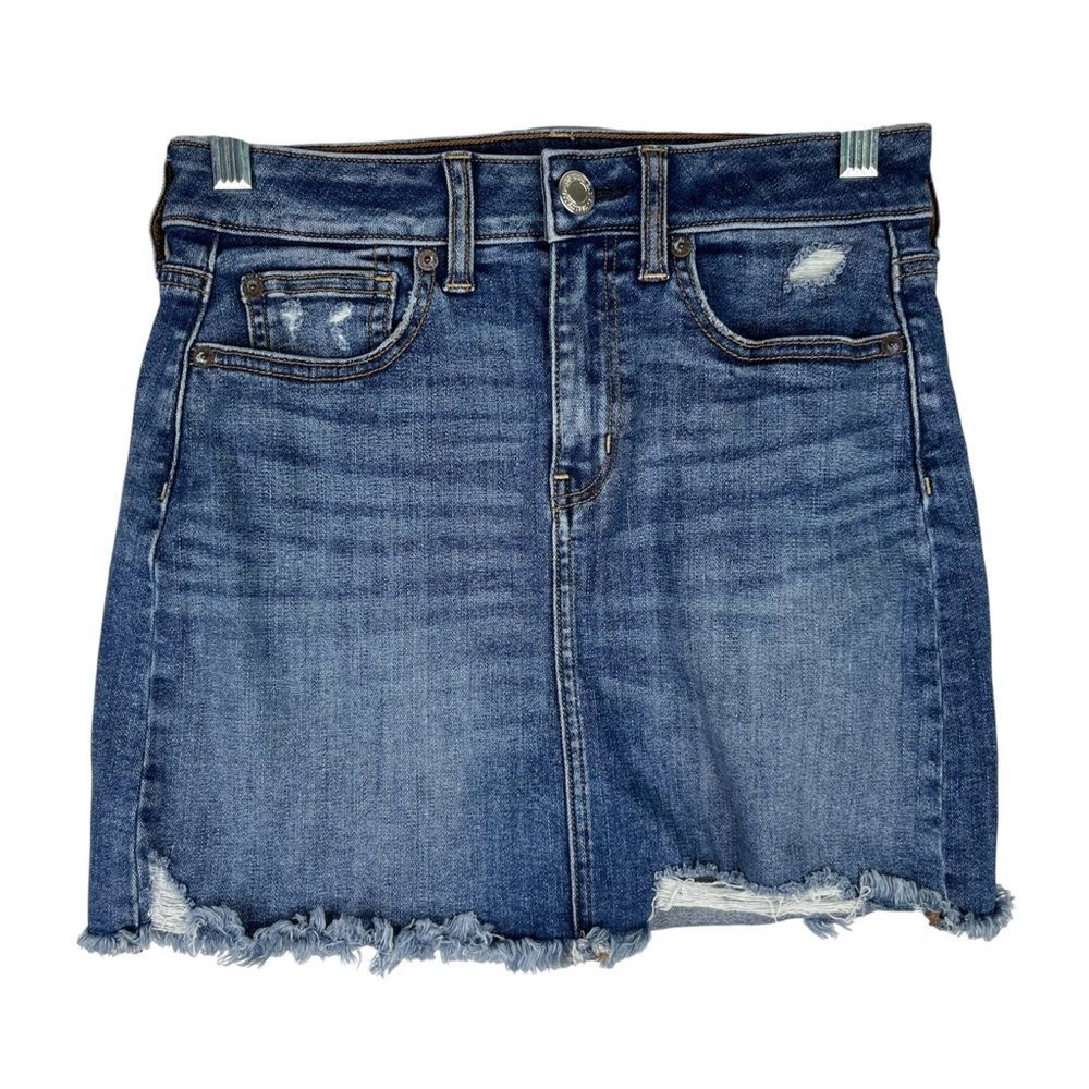 American Eagle Mini Skirt Women’s 2 Blue Denim Distressed Pencil Jean Stretch